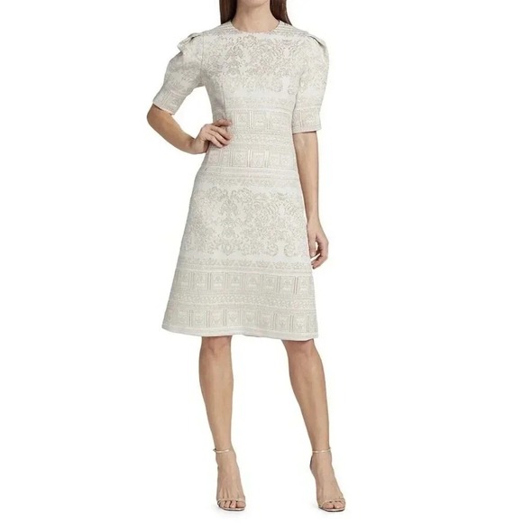 Teri Jon Rickie Freeman Midi Dress 4 Metallic Embroidered Puff Sleeve Event Gala